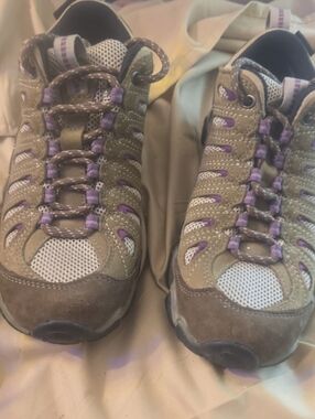 Women's Athletic Trail Sneakers in Brown with Purple Accents